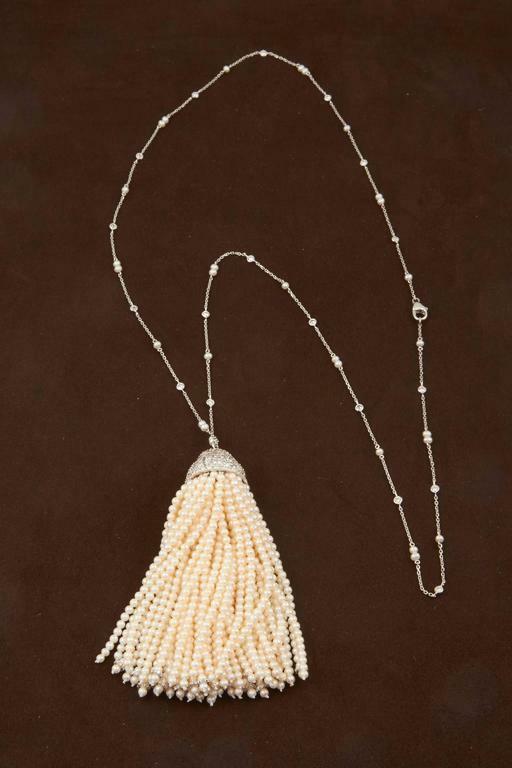 Pearl beads dangle diamond tassel hanging from a diamond by yard necklace 18 k