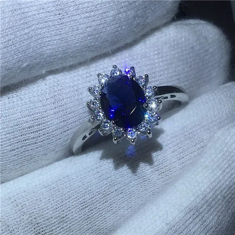 Exquisite Luxury Silver Plated Blue Cubic Zirconia Ring Engagement Wedding Band