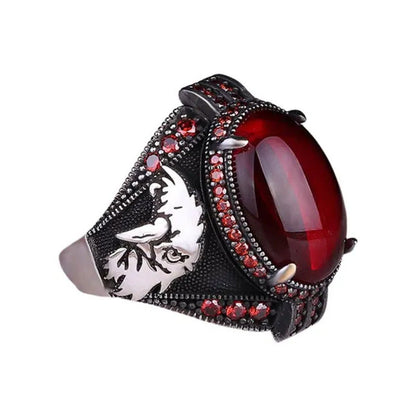 High Quality Men'S Business Ring, Antique Silver Inlaid Black Gemstone and Ruby