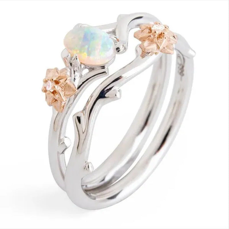 Exquisite Women'S Fashion Two Tone Twig and Rose Gold Flowers Opal Ring Set Anni