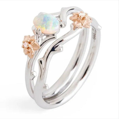 Exquisite Women'S Fashion Two Tone Twig and Rose Gold Flowers Opal Ring Set Anni