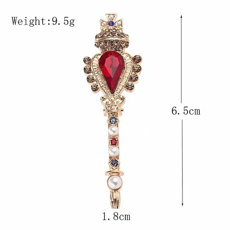 Fashion Retro Baroque Crown Ruby Crystal Small Magic Wand Brooch for Men and Wom