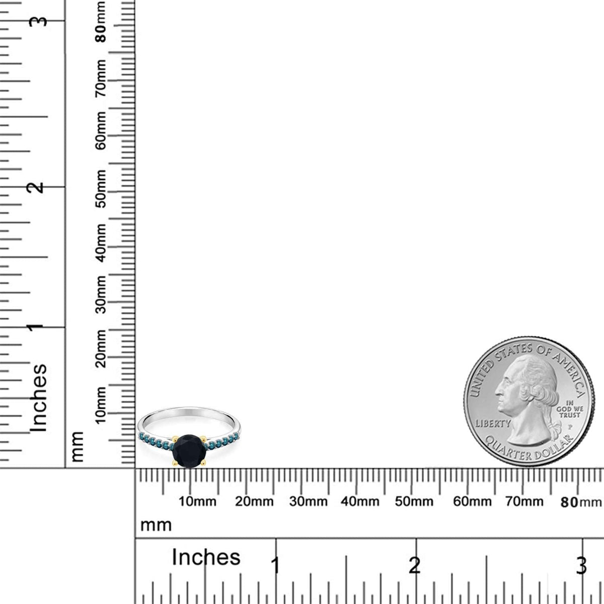 1.00 Ct 6Mm round Black Onyx Blue Diamond 925 Silver Ring with 10K Yellow Gold P