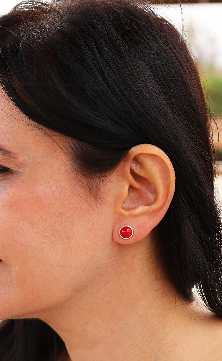 Sterling Silver 925 round Stone Handmade Stud Earrings for Women (Red Coral - 9.
