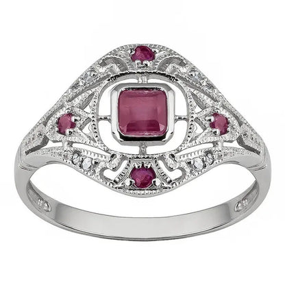10K White Gold Vintage Style Genuine Ruby and Diamond Ring