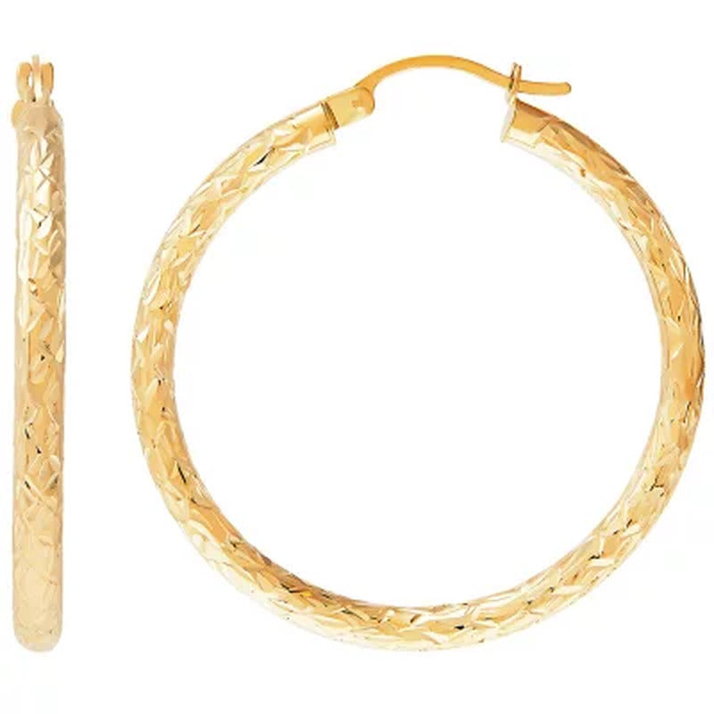 3X35Mm round Tube Hoop Crystal Cut Earrings in 14K Yellow Gold