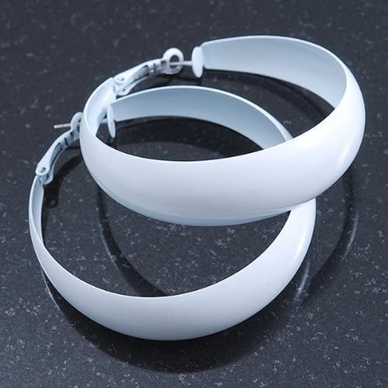 Wide Large White Enamel Hoop Earrings - 55Mm Diameter