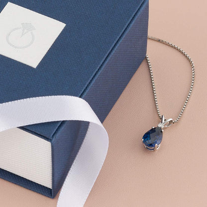 Created Blue Sapphire with Genuine Diamond Pendant for Women 14K White Gold, Ele