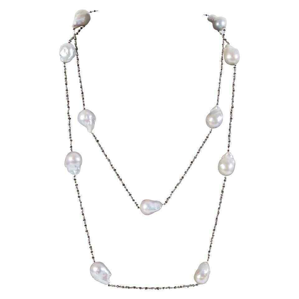 Diamond Scene Baroque Pearl Black Diamond Gold Long Chain Necklace