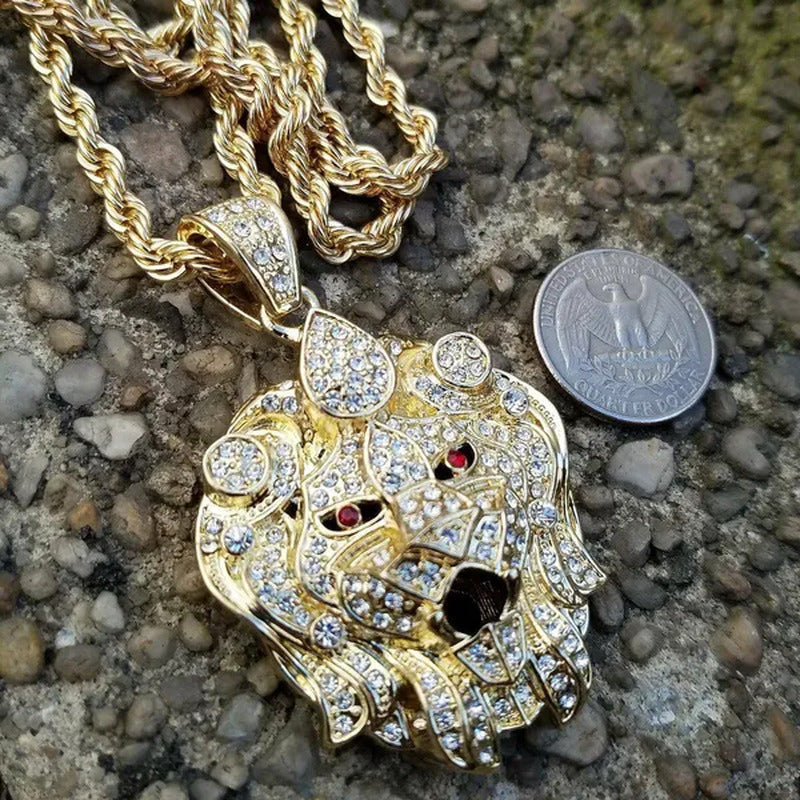 ICED Lab Diamonds Lion Head Pendant & 5Mm 30" Rope Chain Hip Hop Necklace