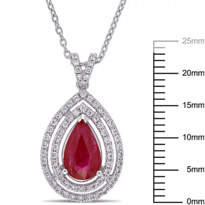 Allura Ruby and 0.22 CT. T.W. Diamond Teardrop Halo Pendant in 18K White Gold
