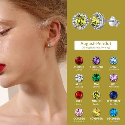 Birthstone Stud Earrings 925 Sterling Silver with Cubic Zirconia Crystal - Augus