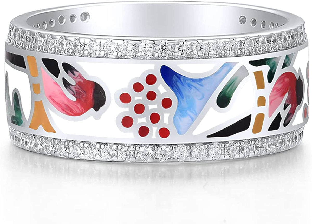925 Sterling Silver Handmade Colorful Enamel Bird Patterrn Ring