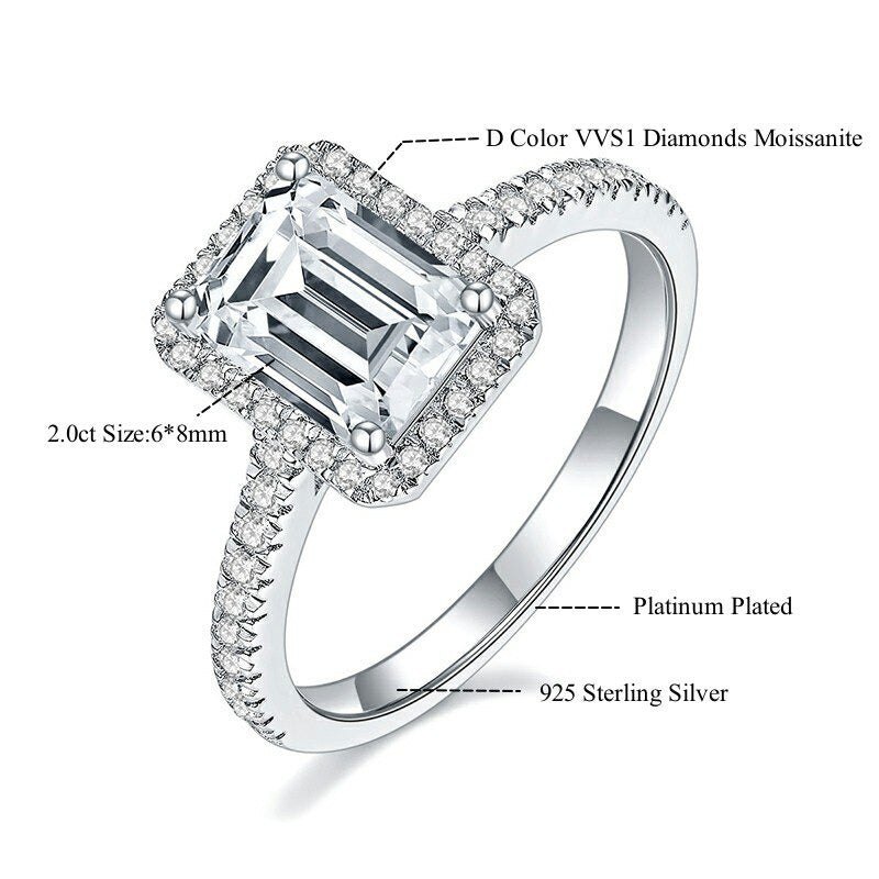 Square Cut 2Ct 8.0Mm Moissanite Diamond Rings for Women Platinum Plated 925