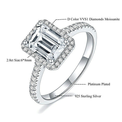 Square Cut 2Ct 8.0Mm Moissanite Diamond Rings for Women Platinum Plated 925