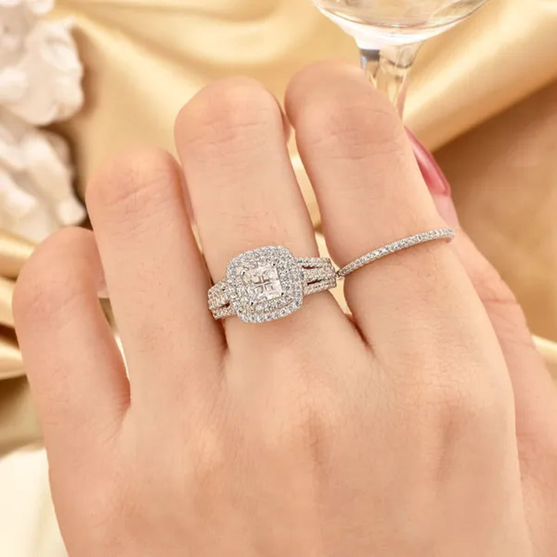 Newshe 925 Sterling Silver Halo Cross Cut Princess Cubic Zirconia Wedding Ring S