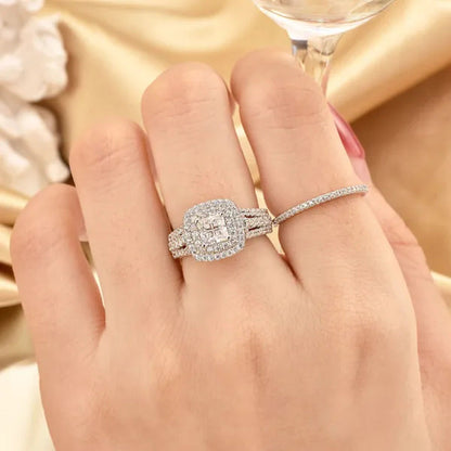Newshe 925 Sterling Silver Halo Cross Cut Princess Cubic Zirconia Wedding Ring S