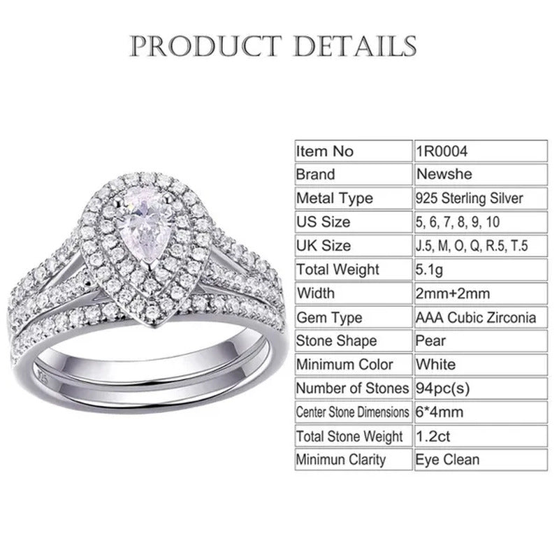 Newshe 2Pcs Wedding Ring Set Classic Jewelry Pear Shape 1.2 Carats AAAAA CZ 925