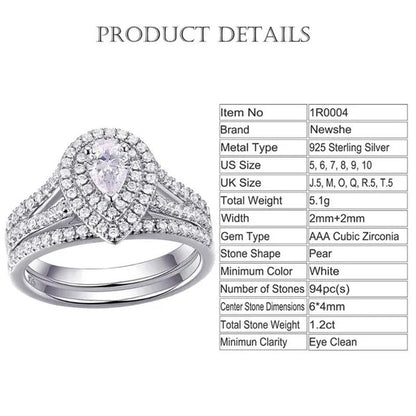 Newshe 2Pcs Wedding Ring Set Classic Jewelry Pear Shape 1.2 Carats AAAAA CZ 925