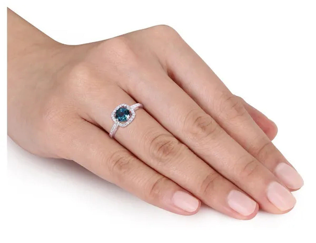 1.00 Carat (Ctw) Natural London Blue Topaz Ring in 10K White Gold with Diamonds