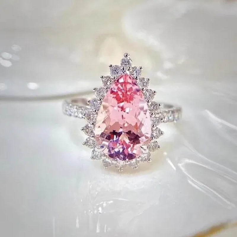 Luxurious High-Quality Flower Shaped Silver Inlaid Dazzling Pink Zircon Women'S