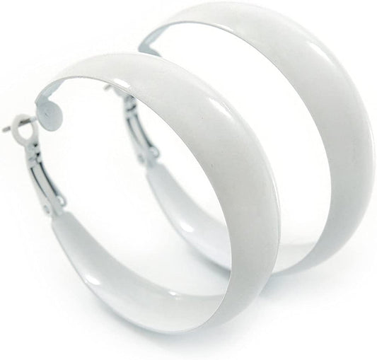 Wide Medium White Enamel Hoop Earrings - 40Mm Diameter