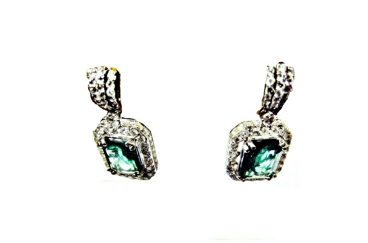 EMERALD RECTANGULAR SHAPE SET ROUND DIAMOND DANGLE EARRING