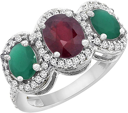 14K White Gold Enhanced Ruby & Cabochon Emerald 3-Stone Ring Oval Diamond Accent