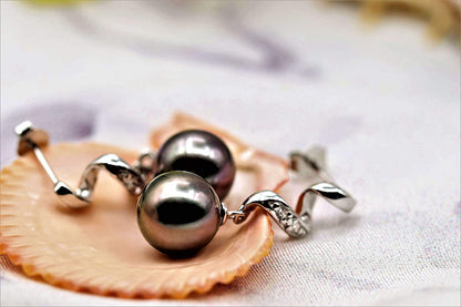 Elegant AAA Quality Genuine 8.5-9.5Mm Tahitian Black Pearl Dangle Drop Earrings