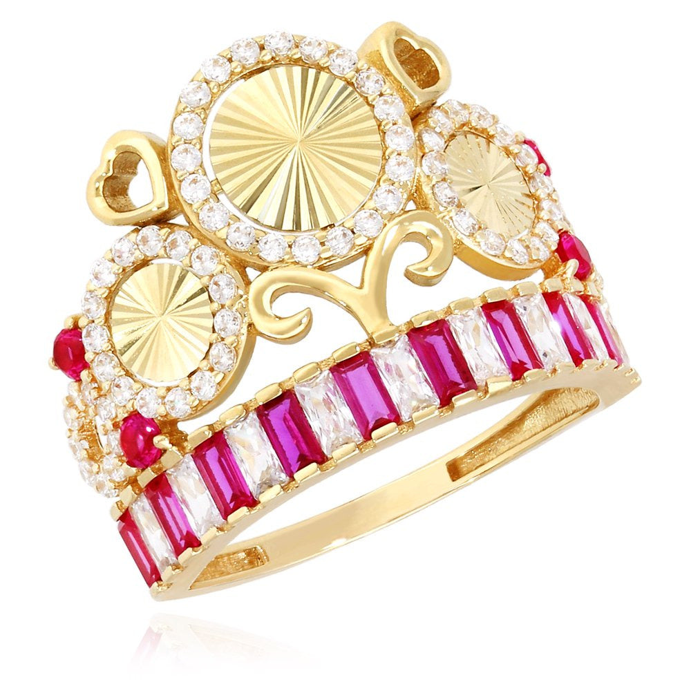 14K Yellow Gold 1.5CTW Simulated Diamond &Amp; Ruby Royal Crown round Cocktail R