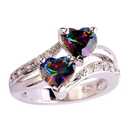 Exquisite 925 Sterling Silver Double Love Heart Rings Natural Sapphire Gemstones