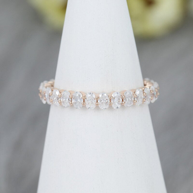 Solid 14K Rose Gold Oval Cut Moissanite Engagement Ring Vintage Full Eternity