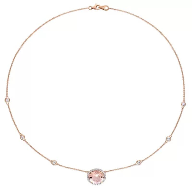 Morganite and White Sapphire with 0.13 CT.T.W. Diamond Station Halo Necklace in