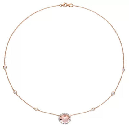 Morganite and White Sapphire with 0.13 CT.T.W. Diamond Station Halo Necklace in