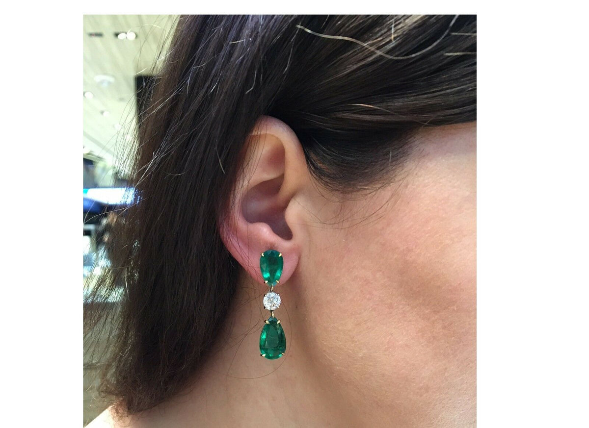 EMERALD FOUR PEAR SHAPE DIAMOND TWO ROUND SHAPE DANGLE SET EARRINGS