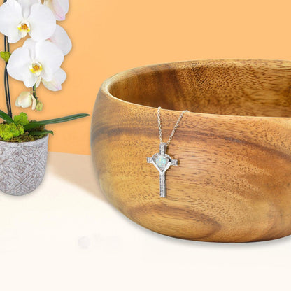 Sterling Silver Simulated White Opal and White Topaz Heart Cross Birthstone Pend