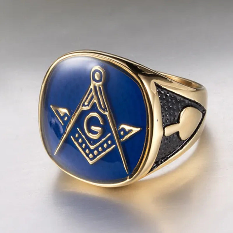 Gold Bluetitanium Steel Freemason Masonic Ring for Men Hip Hop Jewelry Religious