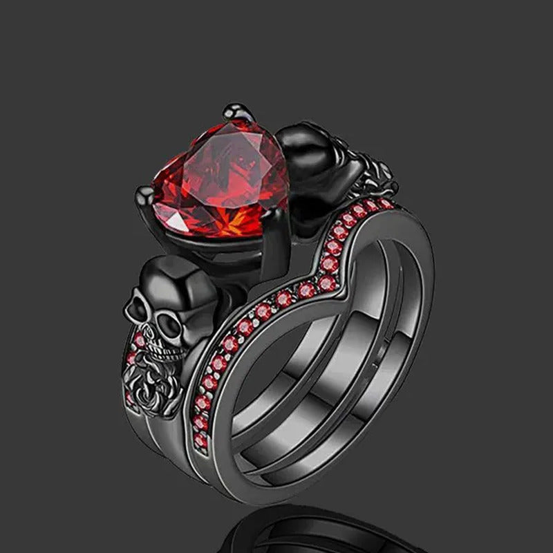 Gothic Black Rose Flower Skull Engagement s Set Red Purple Heart-Shaped Zircon C