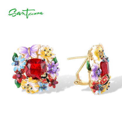 925 Sterling Silver Jewelry Set for Women Red Stone Colorful Flowers Earrings