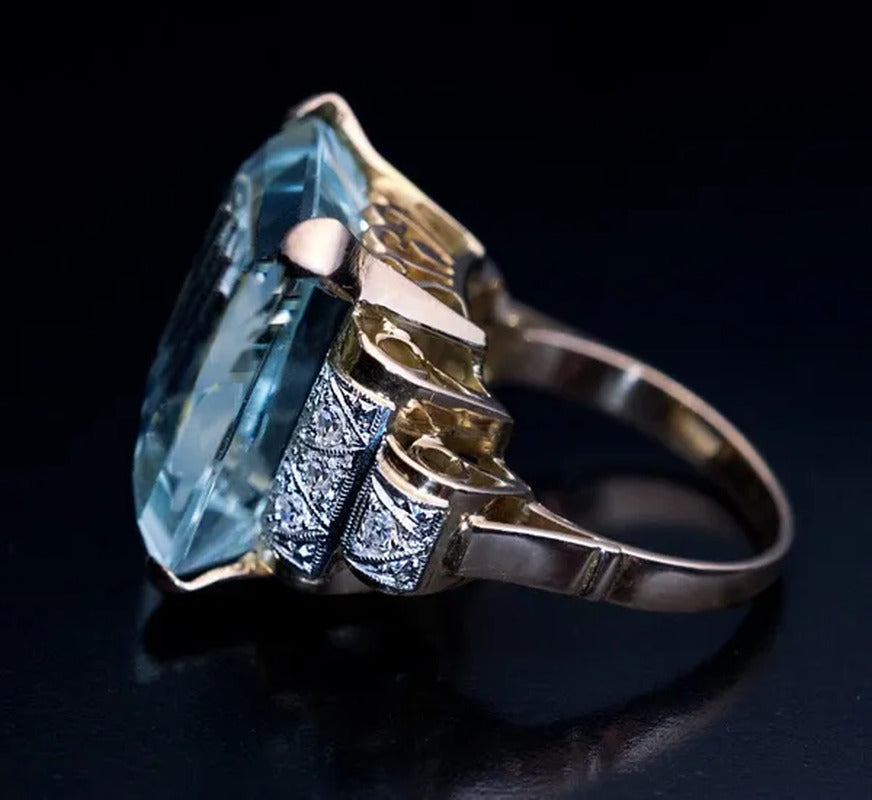 Classic Luxury Fashion Blue Gemstone Square Cut Gold Princess Elgant Lady Finger