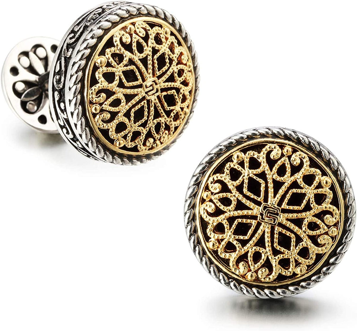 Men'S Silver & 18K Gold Plated round Whale Back Closure Cufflinks for Men, for W