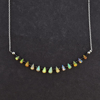 ® Ultra Premium Natural Welo Opal Drops & Black Spinel Gemstone Beads Dainty Nec