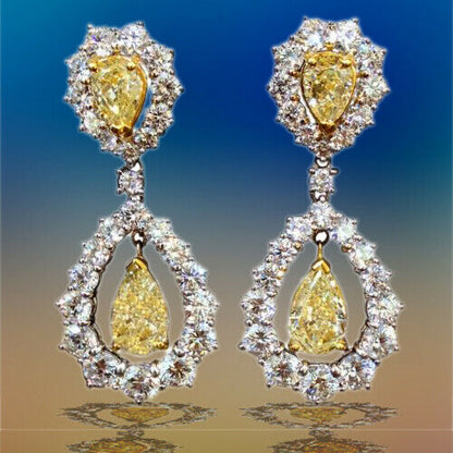 CERTIFIED FANCY YELLOW DIAMOND DANGLE NATURAL PEAR SHAPE DIAMOND EARRING DNAGLE