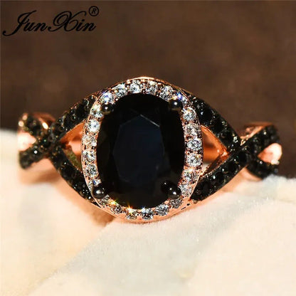 Exquisite Rose Gold Plated Large Oval Stone X Ring Women Filled Black Zircon Cry