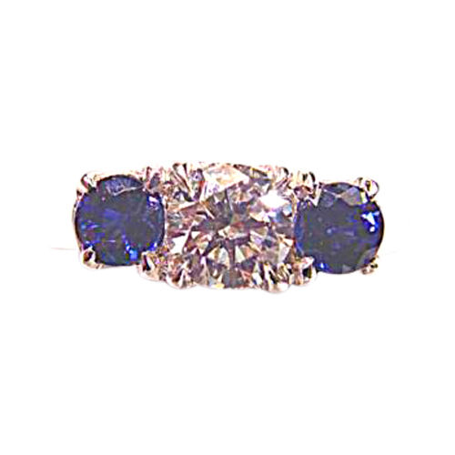 .80 CT 2 SAPPHIRE SHAPE SIDE STONE 1 ROUND BRILLIANT SH .61 CT DIAMOND 18 K GOLD