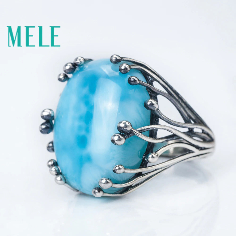 Natural Larimar 925 Silver Rings for Women Blue Larimar Gemstone Man Big Rings F
