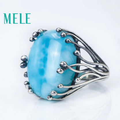 Natural Larimar 925 Silver Rings for Women Blue Larimar Gemstone Man Big Rings F