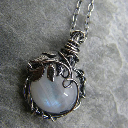 Vintage Opal Necklace Silver Plated Leaf Moonstone Necklace Wedding Engagement A