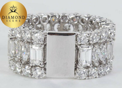 Wide Emerald Marquise and Round Cut Multiple Shape Diamond Gold Band Ring