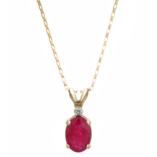 7X5Mm Oval Genuine Ruby .01 CTTW Diamond Pendant 18" 14K Yellow Gold Chain